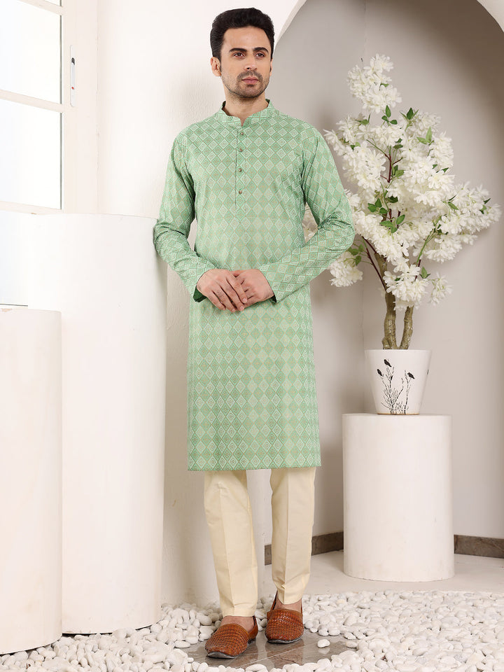 Men's Long Sleeve Mandarin Collar Elegant Printed Sea Green Straight Cotton Kurta | SHOBITAM