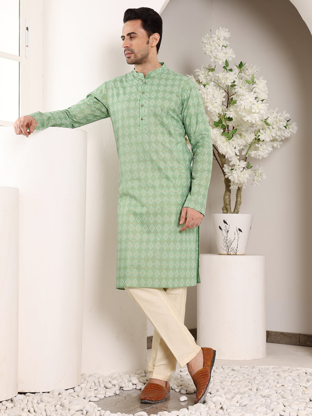 Men's Long Sleeve Mandarin Collar Elegant Printed Sea Green Straight Cotton Kurta | SHOBITAM