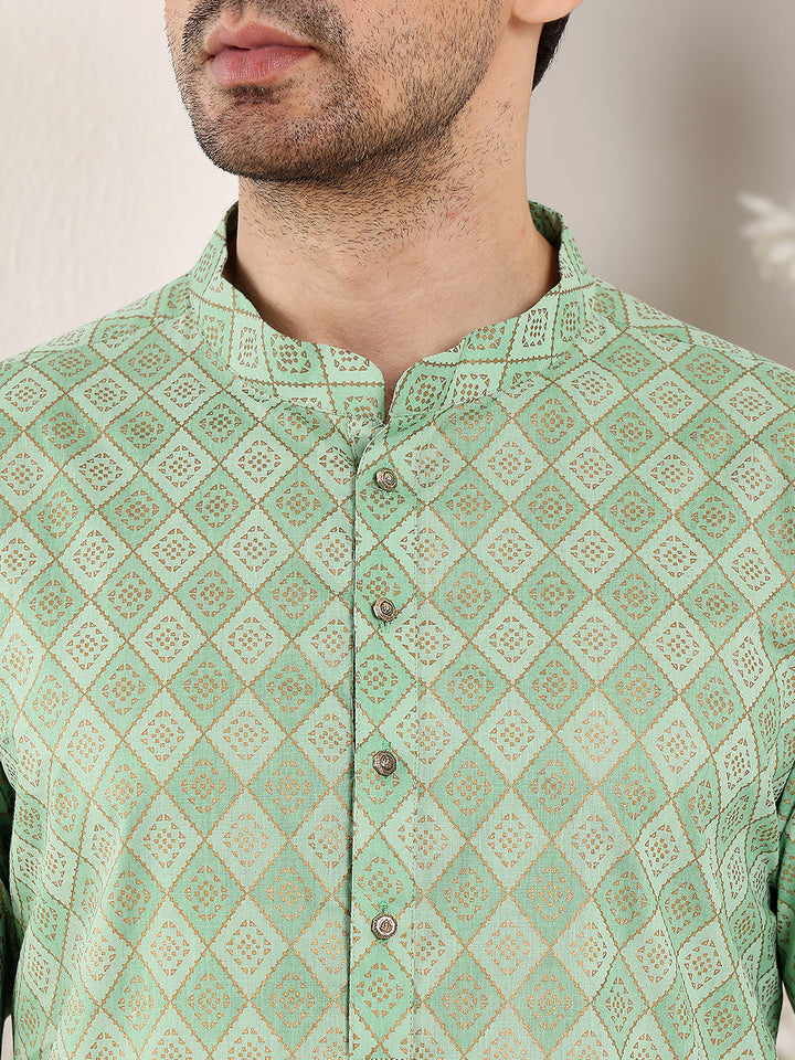 Men's Long Sleeve Mandarin Collar Elegant Printed Sea Green Straight Cotton Kurta | SHOBITAM