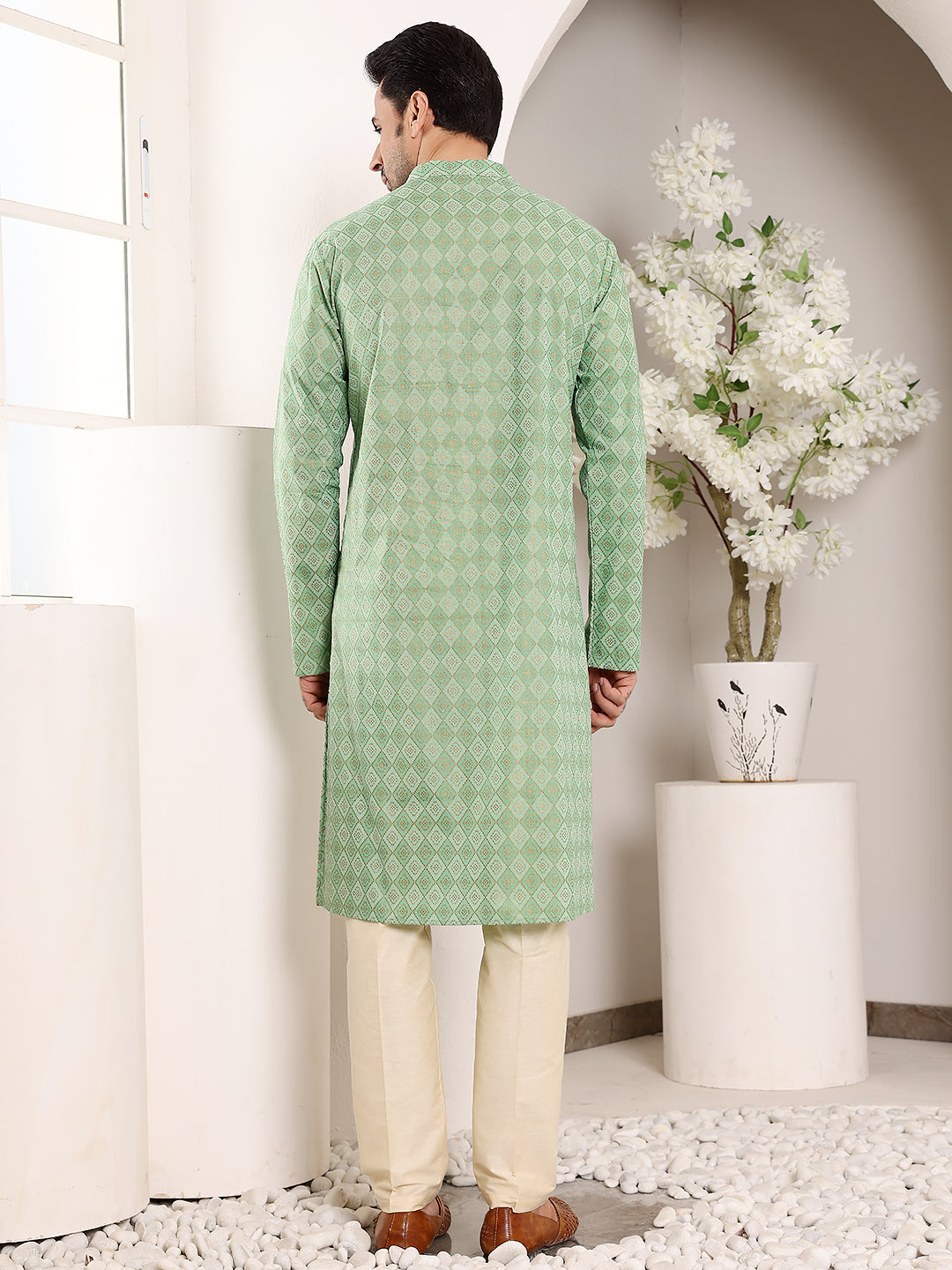Men's Long Sleeve Mandarin Collar Elegant Printed Sea Green Straight Cotton Kurta | SHOBITAM