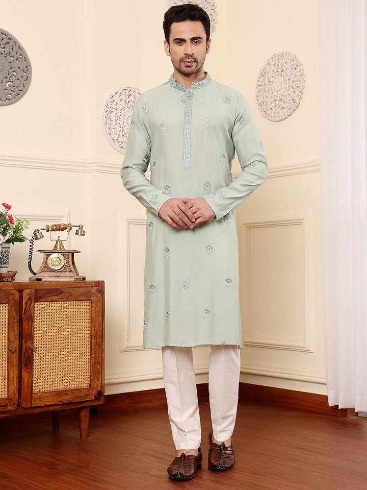 Men's Long Sleev Mandarin Collar Light Blue Straight Viscose Silk Kurta with Embroidered Neckline and Motifs  | SHOBITAM