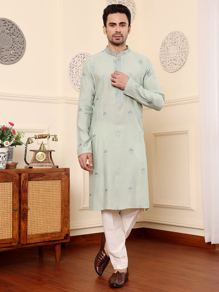 Men's Long Sleev Mandarin Collar Light Blue Straight Viscose Silk Kurta with Embroidered Neckline and Motifs  | SHOBITAM