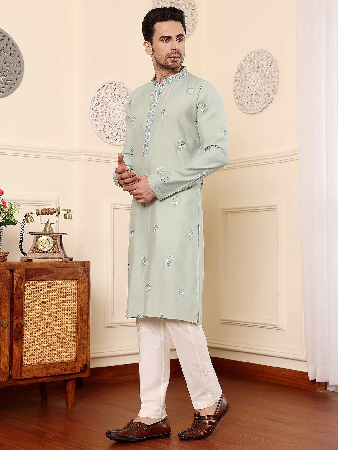 Men's Long Sleev Mandarin Collar Light Blue Straight Viscose Silk Kurta with Embroidered Neckline and Motifs  | SHOBITAM