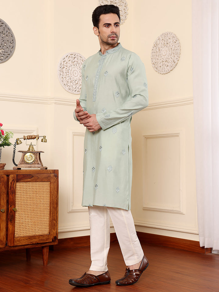 Men's Long Sleev Mandarin Collar Light Blue Straight Viscose Silk Kurta with Embroidered Neckline and Motifs  | SHOBITAM