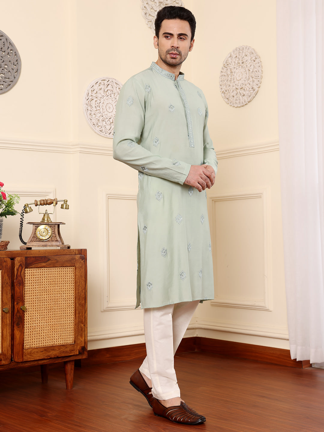 Men's Long Sleev Mandarin Collar Light Blue Straight Viscose Silk Kurta with Embroidered Neckline and Motifs  | SHOBITAM