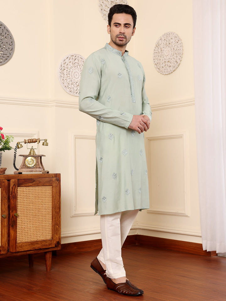Men's Long Sleev Mandarin Collar Light Blue Straight Viscose Silk Kurta with Embroidered Neckline and Motifs  | SHOBITAM