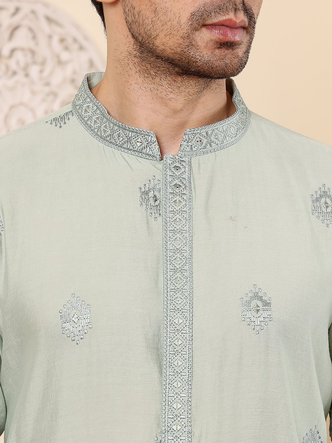 Men's Long Sleev Mandarin Collar Light Blue Straight Viscose Silk Kurta with Embroidered Neckline and Motifs  | SHOBITAM