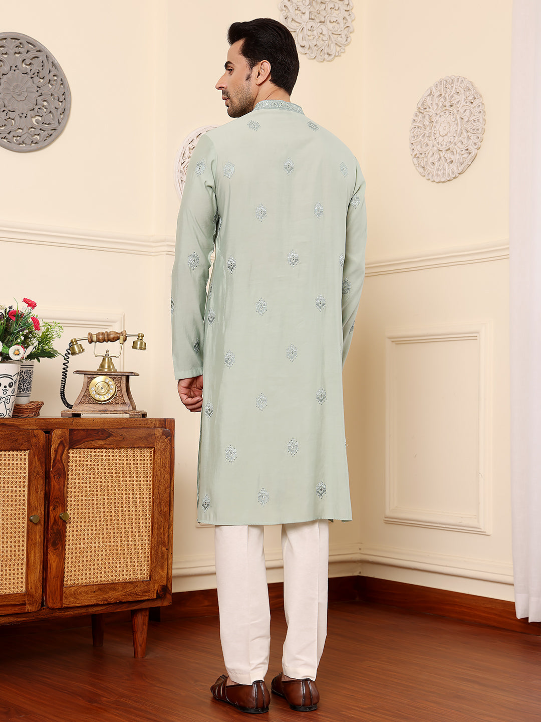 Men's Long Sleev Mandarin Collar Light Blue Straight Viscose Silk Kurta with Embroidered Neckline and Motifs  | SHOBITAM
