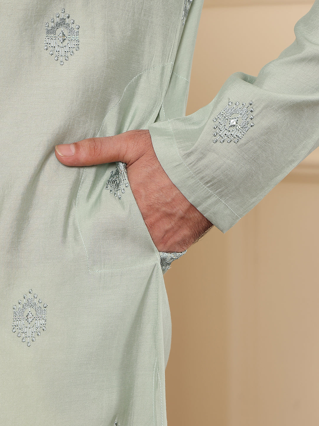 Men's Long Sleev Mandarin Collar Light Blue Straight Viscose Silk Kurta with Embroidered Neckline and Motifs  | SHOBITAM
