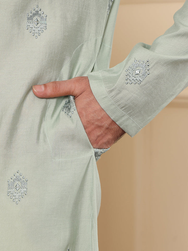 Men's Long Sleev Mandarin Collar Light Blue Straight Viscose Silk Kurta with Embroidered Neckline and Motifs  | SHOBITAM