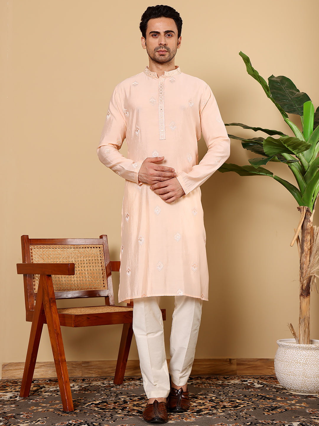 Men's Long Sleeve Mandarin Collar Cream Straight Viscose Silk Kurta with Embroidered Neckline and Motifs | SHOBITAM