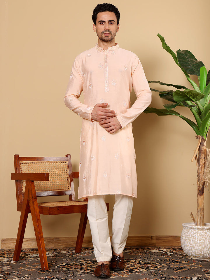 Men's Long Sleeve Mandarin Collar Cream Straight Viscose Silk Kurta with Embroidered Neckline and Motifs | SHOBITAM