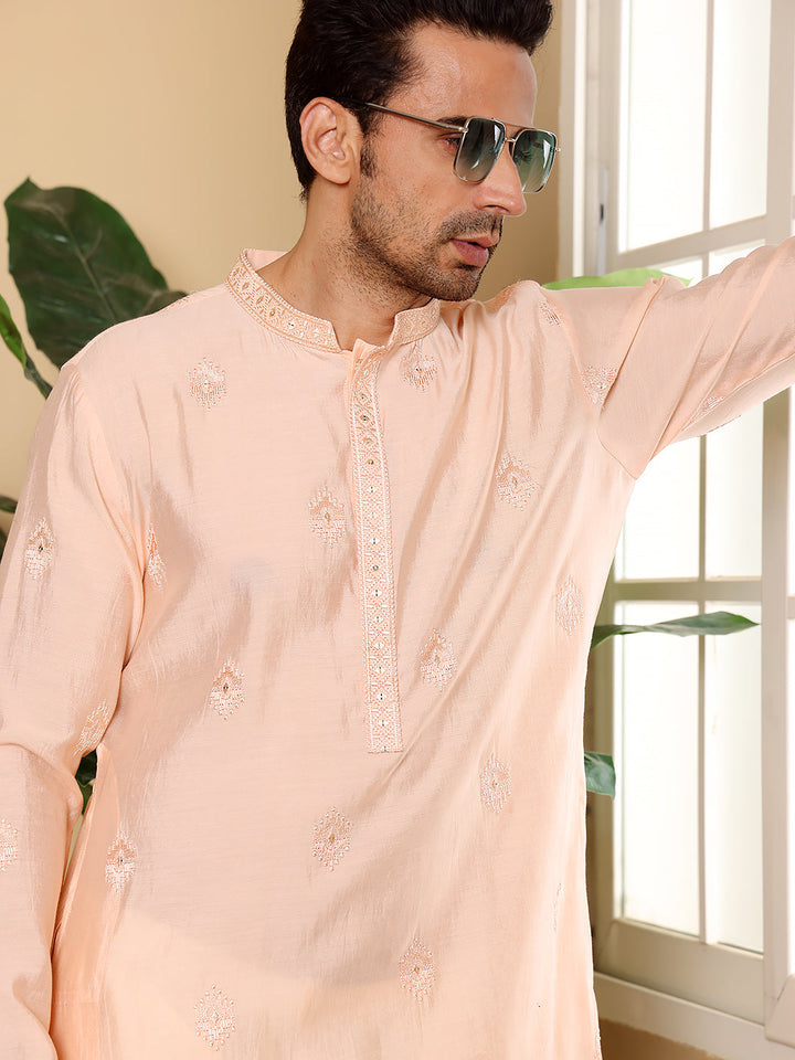 Men's Long Sleeve Mandarin Collar Cream Straight Viscose Silk Kurta with Embroidered Neckline and Motifs | SHOBITAM