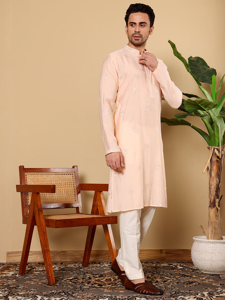 Men's Long Sleeve Mandarin Collar Cream Straight Viscose Silk Kurta with Embroidered Neckline and Motifs | SHOBITAM