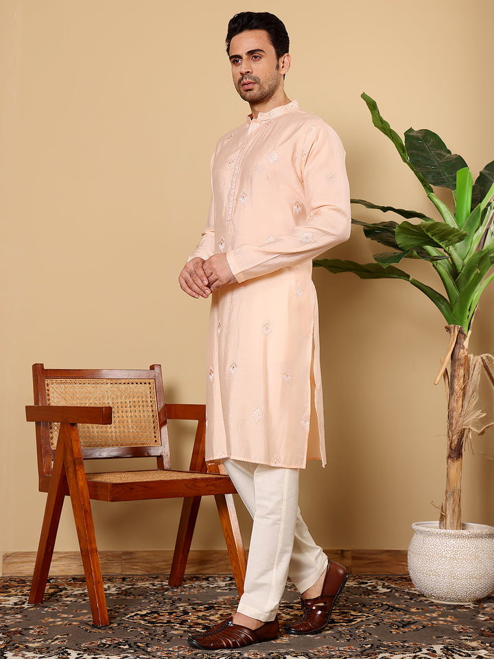 Men's Long Sleeve Mandarin Collar Cream Straight Viscose Silk Kurta with Embroidered Neckline and Motifs | SHOBITAM