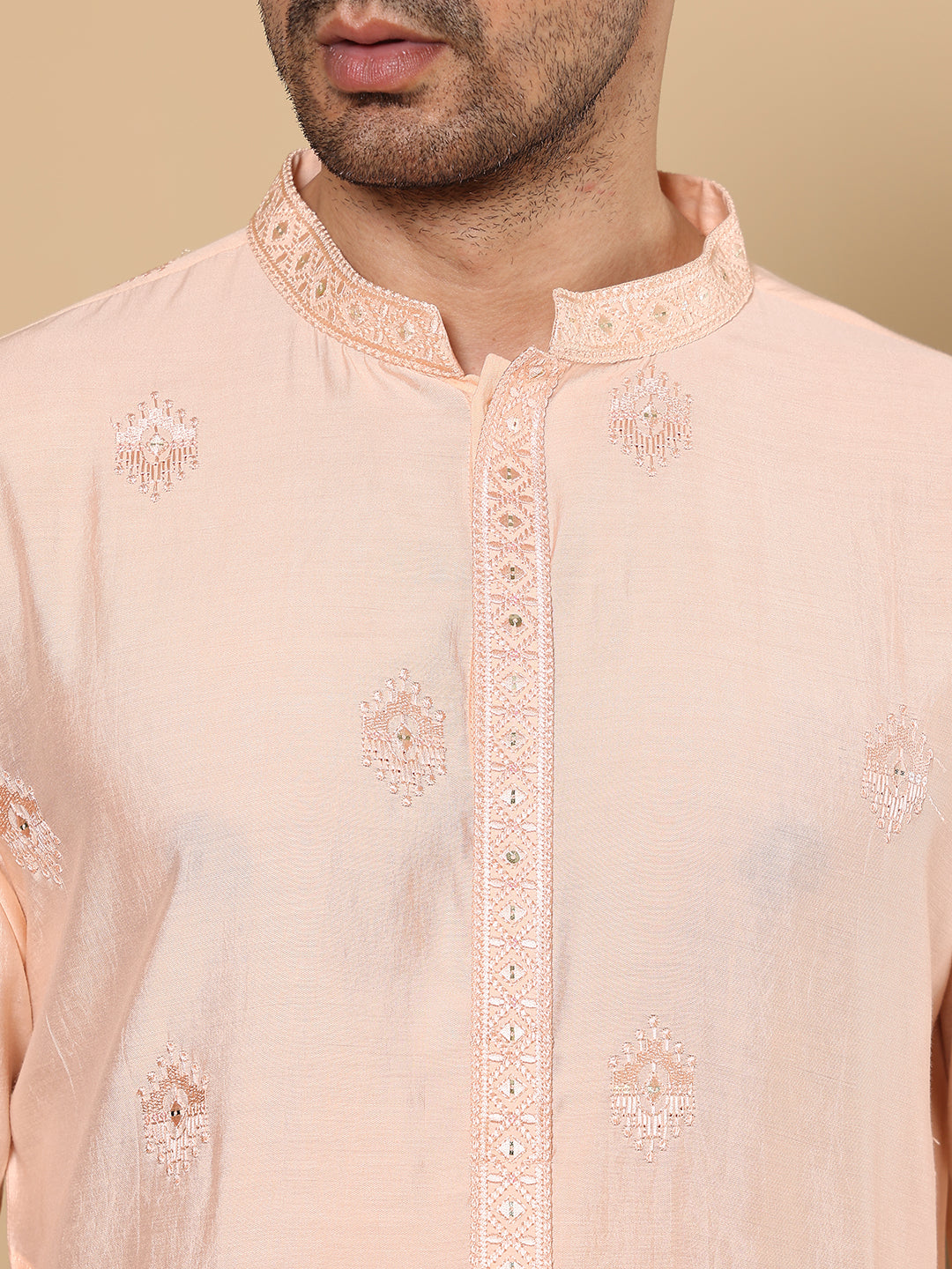 Men's Long Sleeve Mandarin Collar Cream Straight Viscose Silk Kurta with Embroidered Neckline and Motifs | SHOBITAM