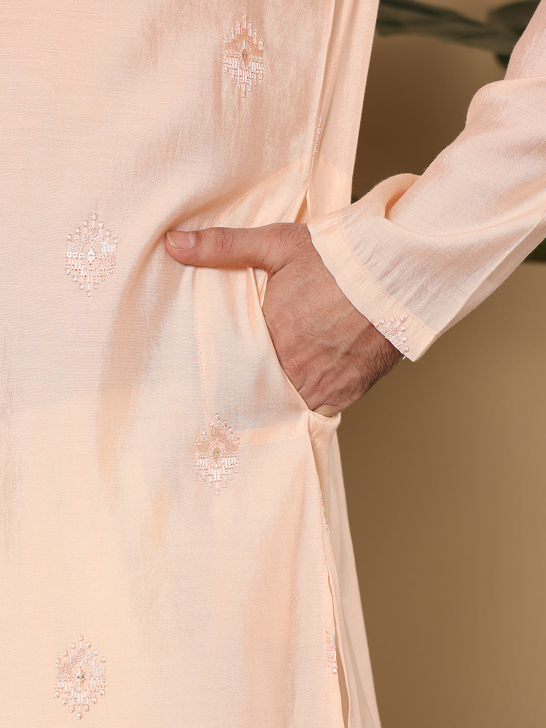 Men's Long Sleeve Mandarin Collar Cream Straight Viscose Silk Kurta with Embroidered Neckline and Motifs | SHOBITAM