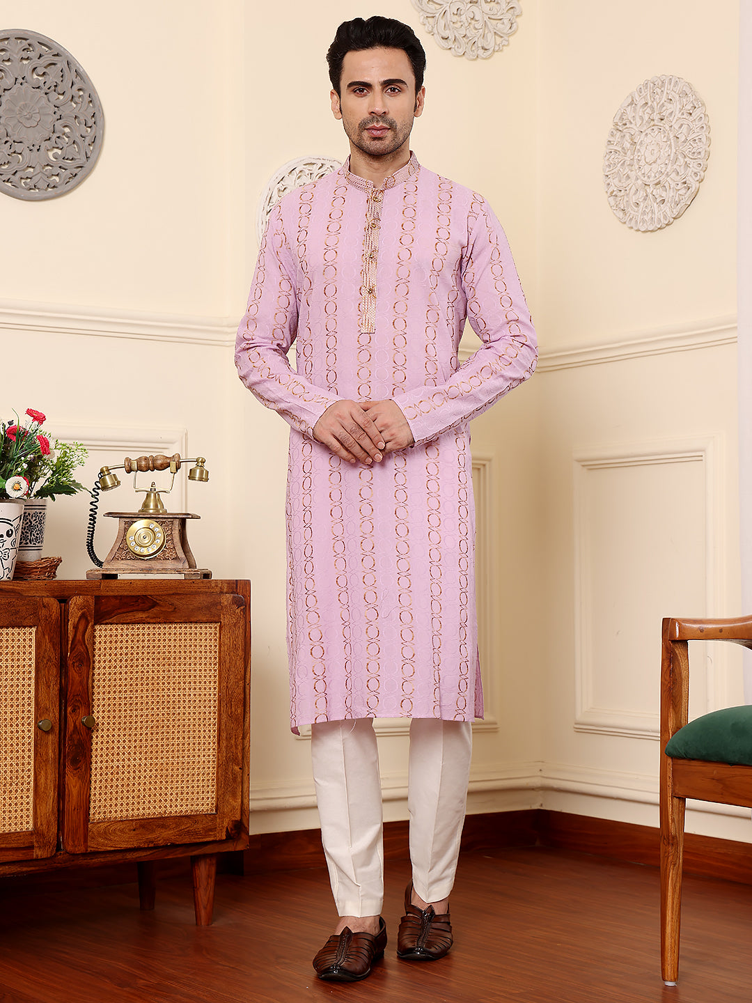 Men's Long Sleeve Mandarin Collar Elegant Pink Printed Straight Cotton kurta | SHOBITAM