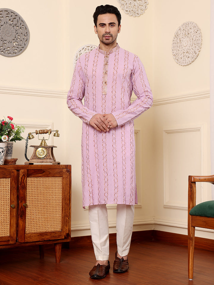 Men's Long Sleeve Mandarin Collar Elegant Pink Printed Straight Cotton kurta | SHOBITAM