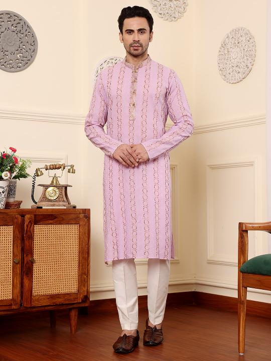 Men's Elegant Pink Printed Straight Cotton kurta,Cream solid trouser style churidar | SHOBITAM