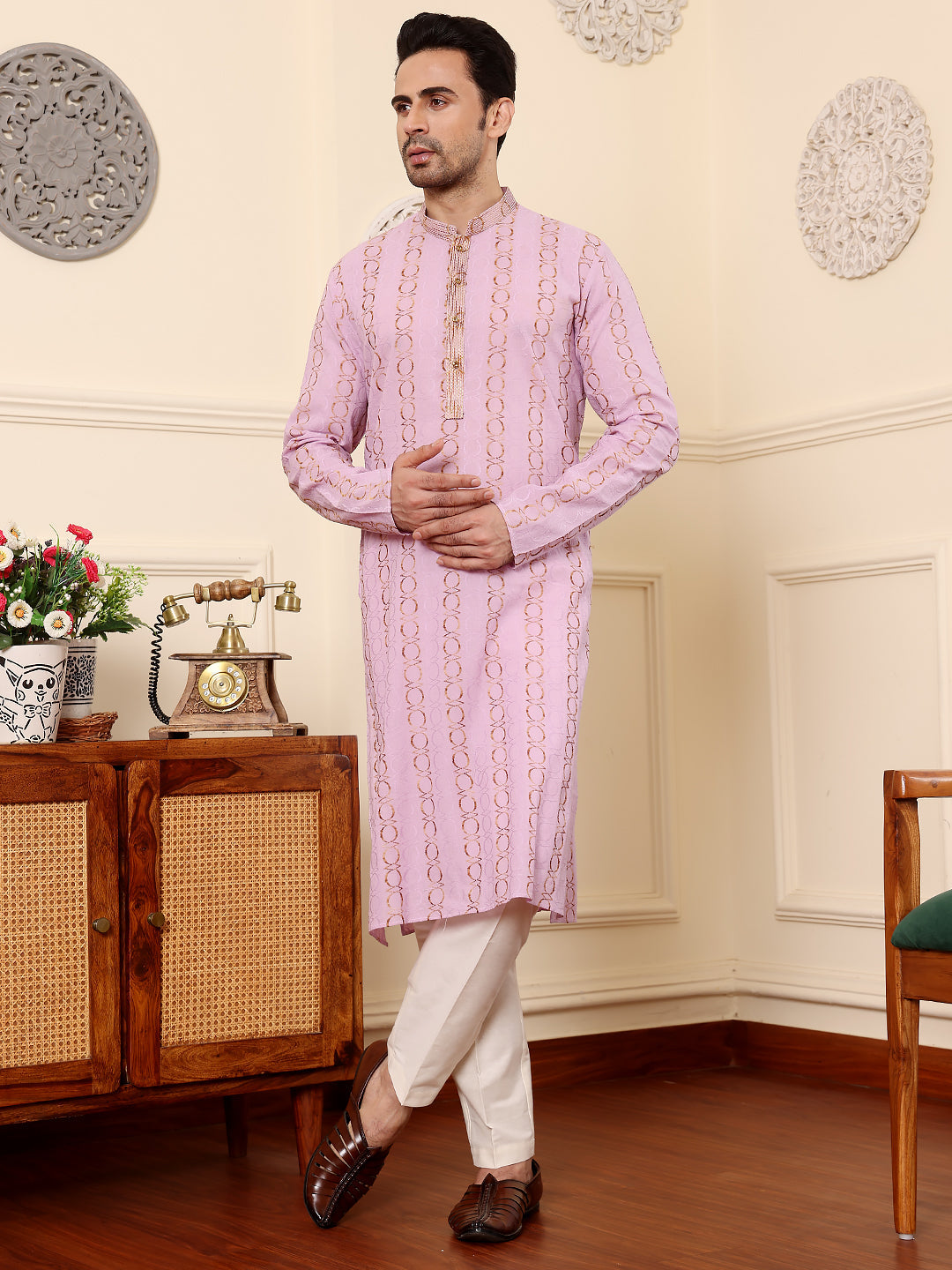 Men's Long Sleeve Mandarin Collar Elegant Pink Printed Straight Cotton kurta | SHOBITAM