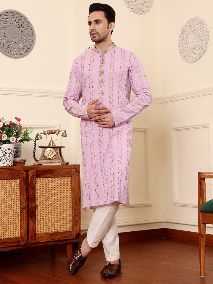 Men's Long Sleeve Mandarin Collar Elegant Pink Printed Straight Cotton kurta | SHOBITAM