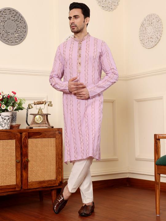 Men's Elegant Pink Printed Straight Cotton kurta,Cream solid trouser style churidar | SHOBITAM