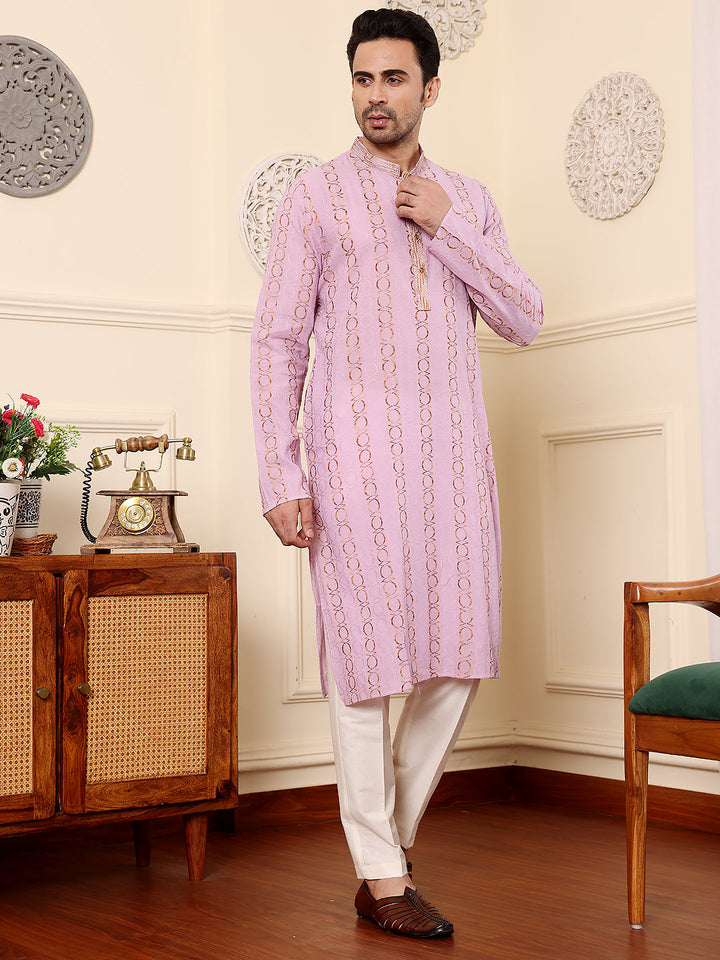 Men's Long Sleeve Mandarin Collar Elegant Pink Printed Straight Cotton kurta | SHOBITAM