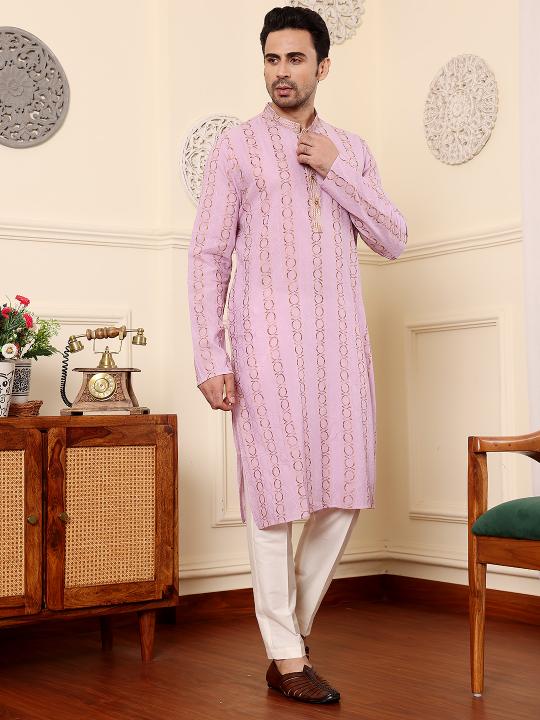 Men's Elegant Pink Printed Straight Cotton kurta,Cream solid trouser style churidar | SHOBITAM