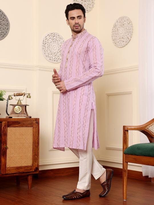 Men's Elegant Pink Printed Straight Cotton kurta,Cream solid trouser style churidar | SHOBITAM