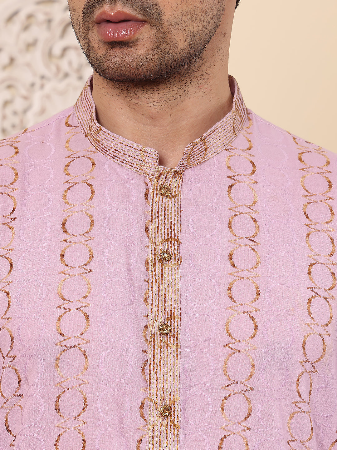 Men's Long Sleeve Mandarin Collar Elegant Pink Printed Straight Cotton kurta | SHOBITAM