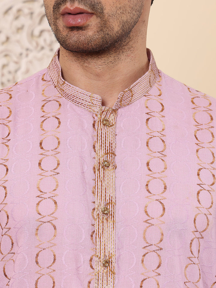 Men's Long Sleeve Mandarin Collar Elegant Pink Printed Straight Cotton kurta | SHOBITAM