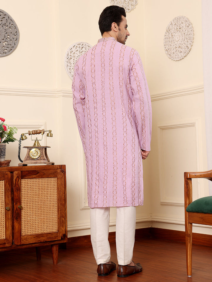 Men's Long Sleeve Mandarin Collar Elegant Pink Printed Straight Cotton kurta | SHOBITAM