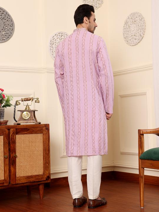 Men's Elegant Pink Printed Straight Cotton kurta,Cream solid trouser style churidar | SHOBITAM