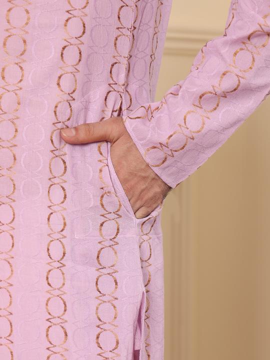 Men's Elegant Pink Printed Straight Cotton kurta,Cream solid trouser style churidar | SHOBITAM