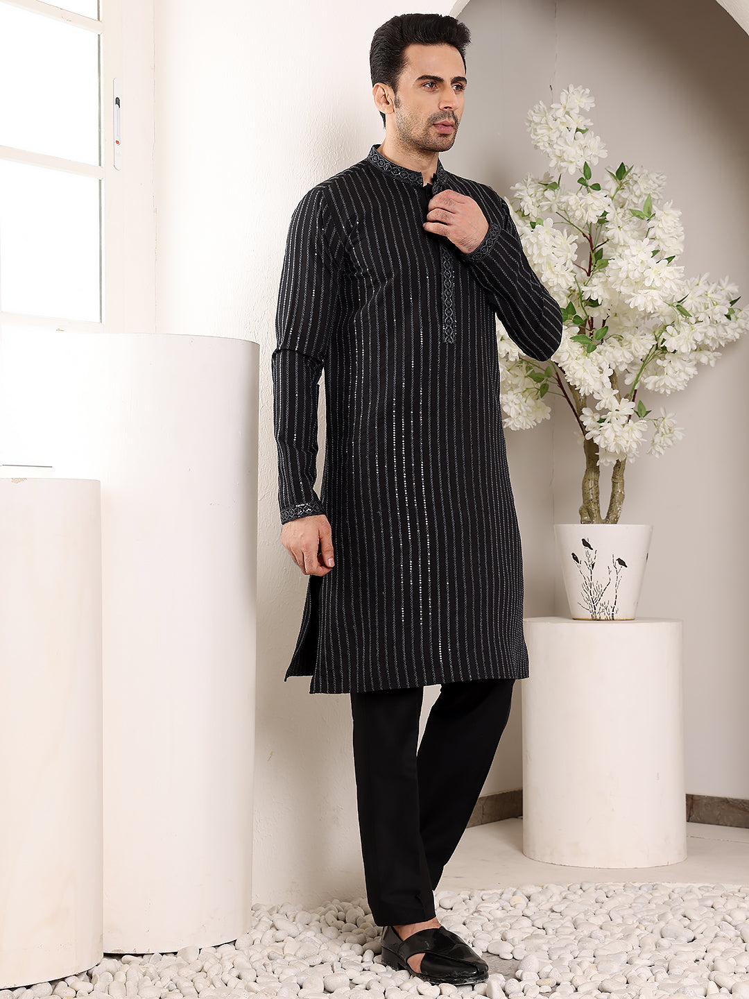 Men's Long Sleeve Mandarin Collar Black Straight Viscose Silk Kurta with Embroidered Neckline and Motifs | SHOBITAM
