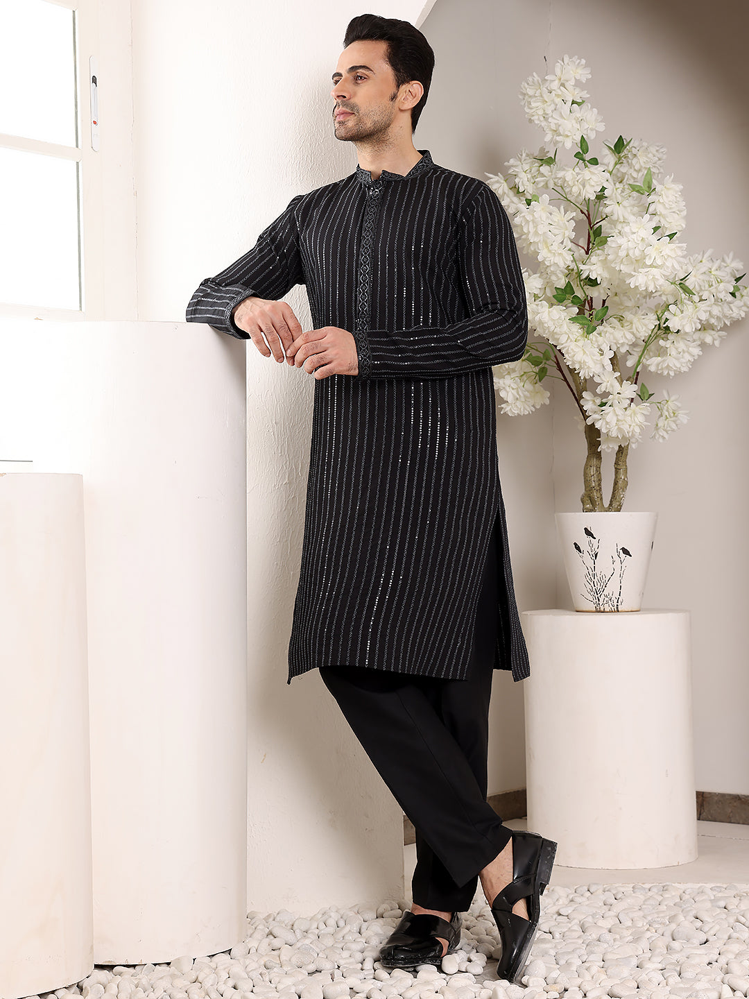 Men's Long Sleeve Mandarin Collar Black Straight Viscose Silk Kurta with Embroidered Neckline and Motifs | SHOBITAM