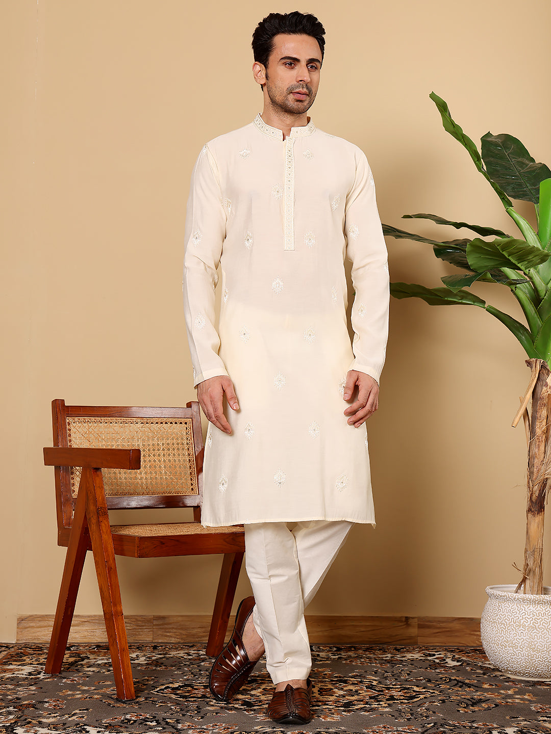 Men's Long Sleeve Mandarin Collar Cream Straight Viscose Silk Kurta with Embroidered Neckline and Motifs| SHOBITAM
