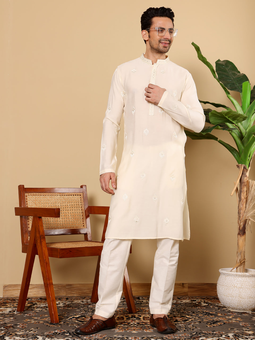 Men's Long Sleeve Mandarin Collar Cream Straight Viscose Silk Kurta with Embroidered Neckline and Motifs| SHOBITAM