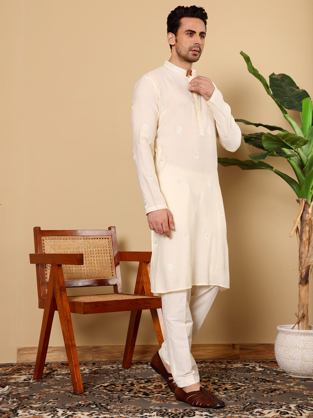 Men's Long Sleeve Mandarin Collar Cream Straight Viscose Silk Kurta with Embroidered Neckline and Motifs| SHOBITAM