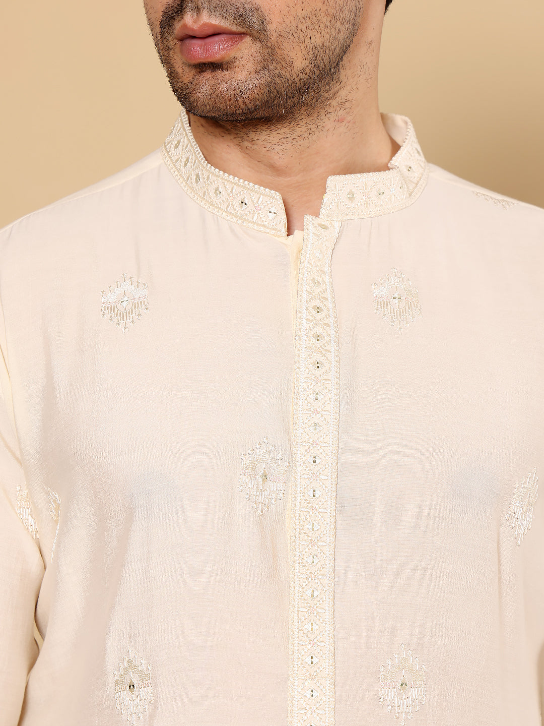 Men's Long Sleeve Mandarin Collar Cream Straight Viscose Silk Kurta with Embroidered Neckline and Motifs| SHOBITAM