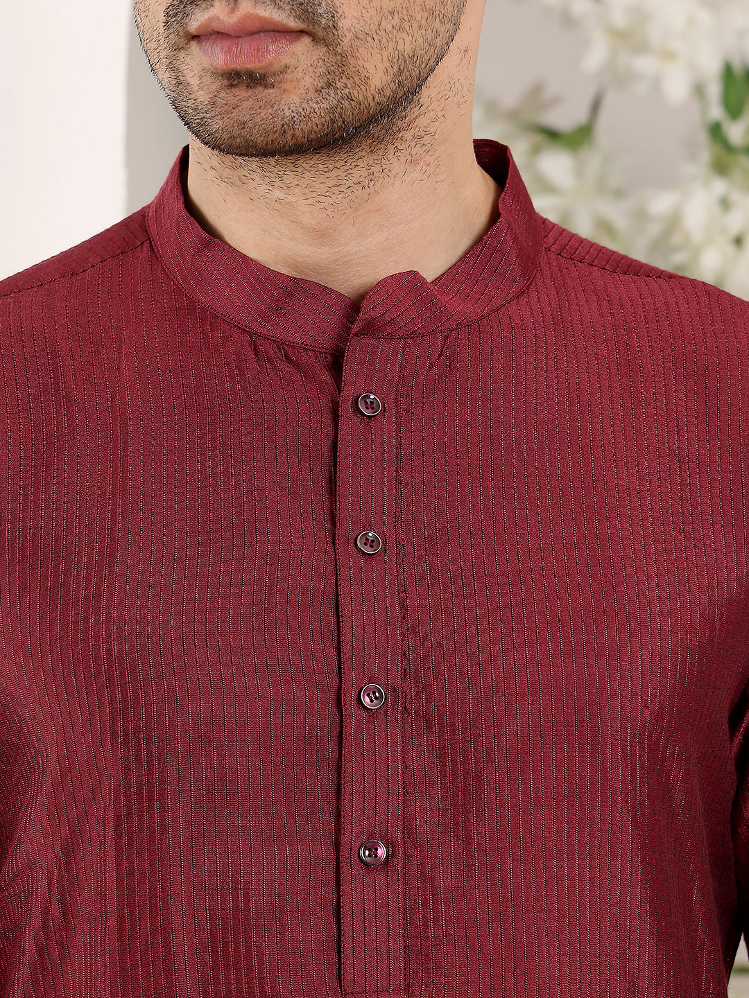 Men's Long Sleeve Mandarin Collar Maroon Straight Viscose Silk kurta with Textured Effect | SHOBITAM