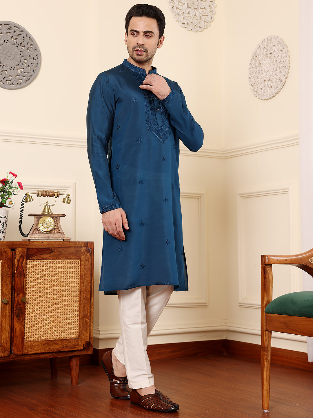 Men's Long Sleeve Mandarin Collar Blue Straight Viscose Silk Kurta with Embroidered Neckline and Motifs | SHOBITAM