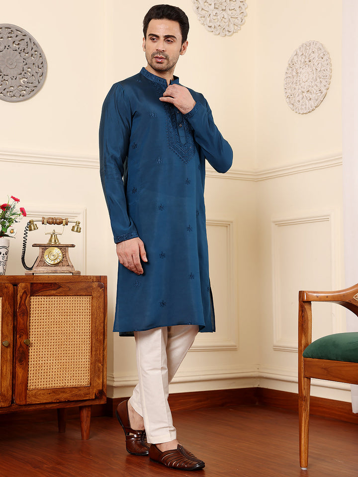 Men's Long Sleeve Mandarin Collar Blue Straight Viscose Silk Kurta with Embroidered Neckline and Motifs | SHOBITAM