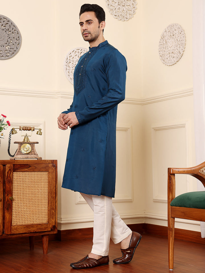 Men's Long Sleeve Mandarin Collar Blue Straight Viscose Silk Kurta with Embroidered Neckline and Motifs | SHOBITAM