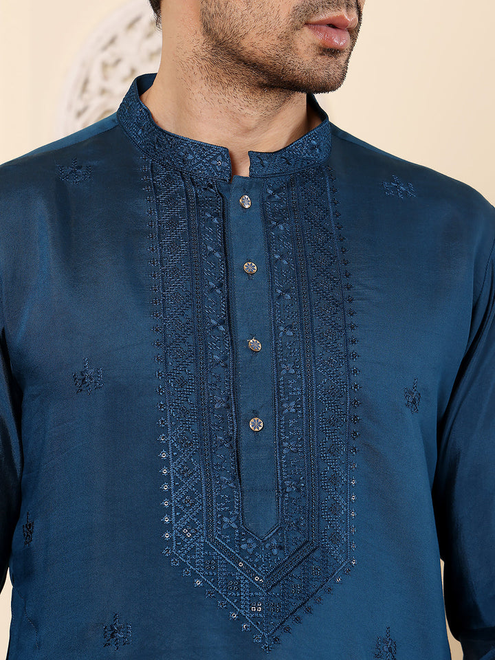 Men's Long Sleeve Mandarin Collar Blue Straight Viscose Silk Kurta with Embroidered Neckline and Motifs | SHOBITAM