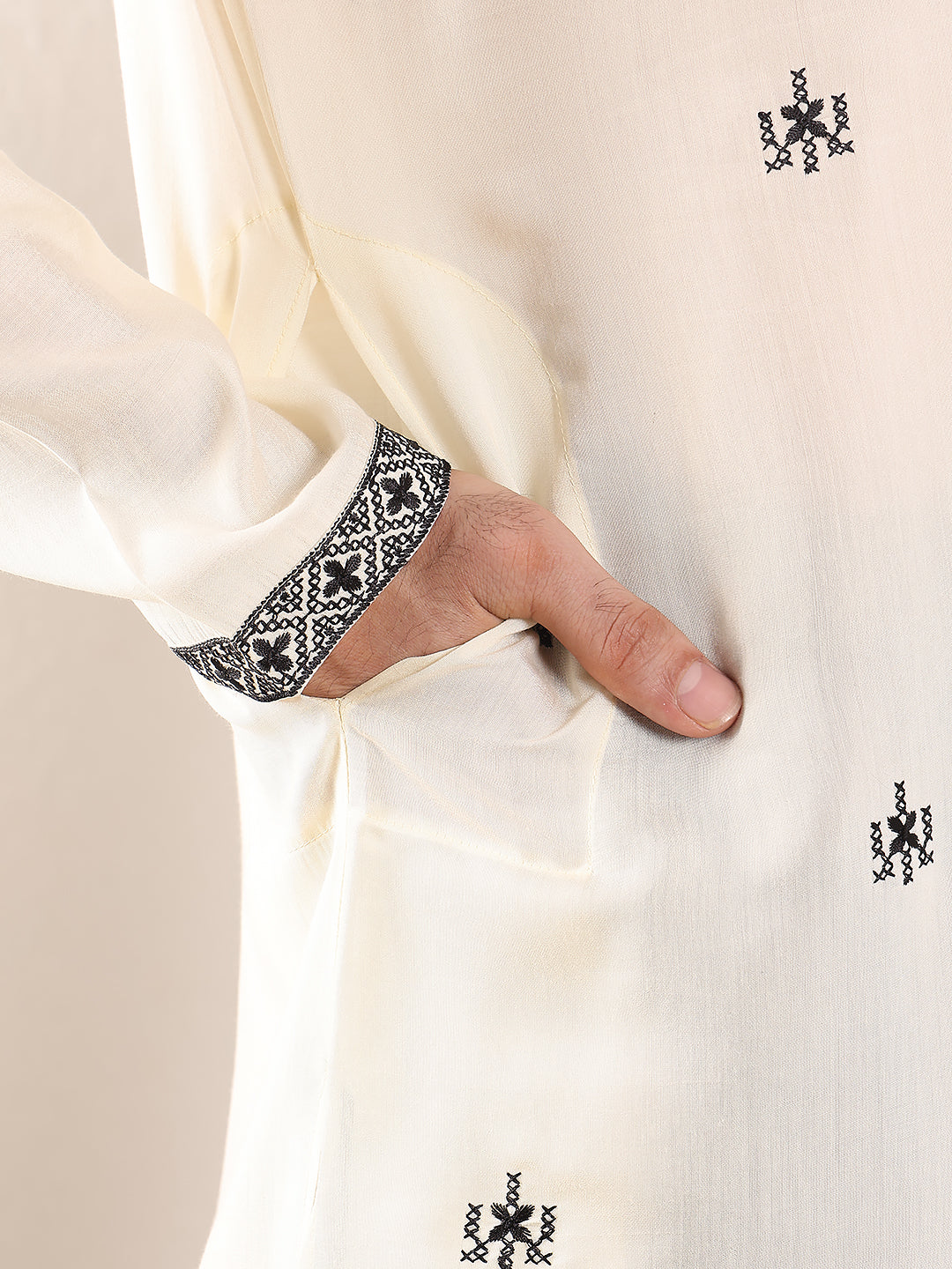 Men's Long Sleeve Mandarin Collar White Straight Viscose Silk Kurta with Embroidered Neckline and Motifs | SHOBITAM
