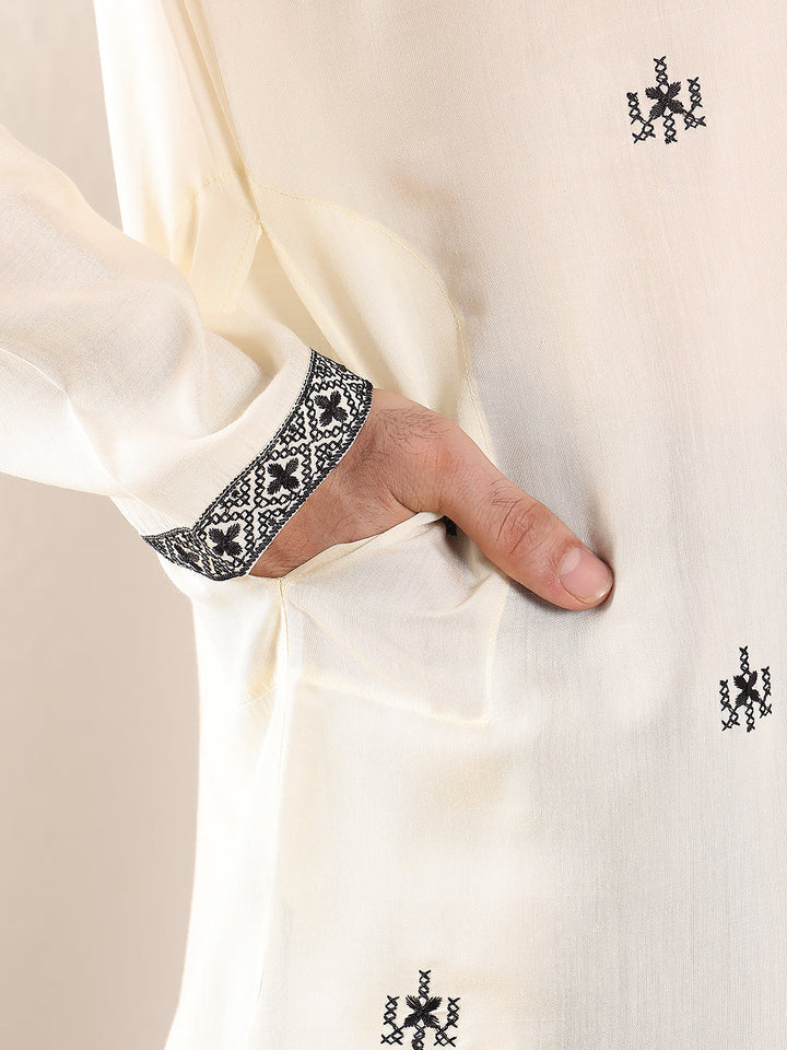 Men's Long Sleeve Mandarin Collar White Straight Viscose Silk Kurta with Embroidered Neckline and Motifs | SHOBITAM