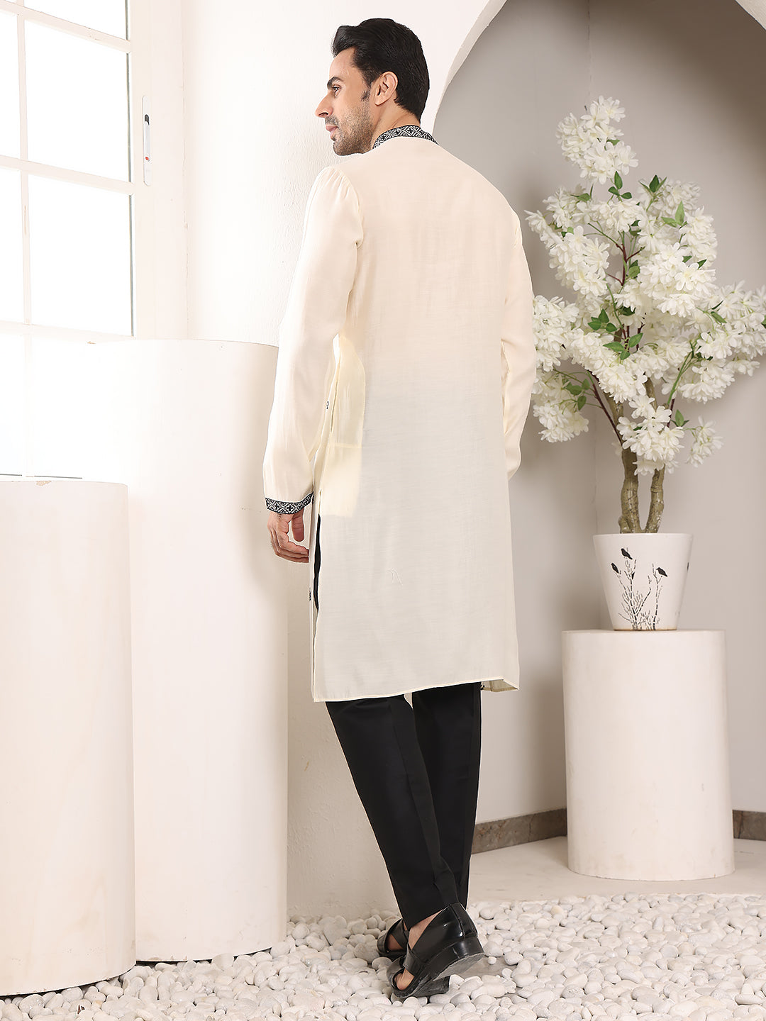 Men's Long Sleeve Mandarin Collar White Straight Viscose Silk Kurta with Embroidered Neckline and Motifs | SHOBITAM