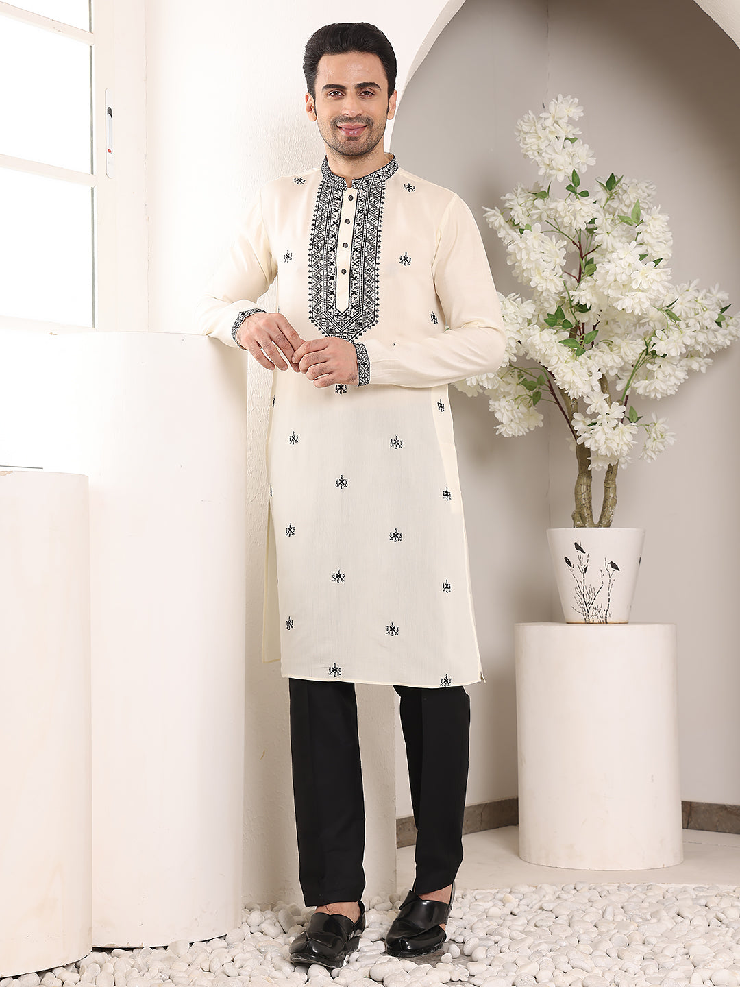 Men's Long Sleeve Mandarin Collar White Straight Viscose Silk Kurta with Embroidered Neckline and Motifs | SHOBITAM